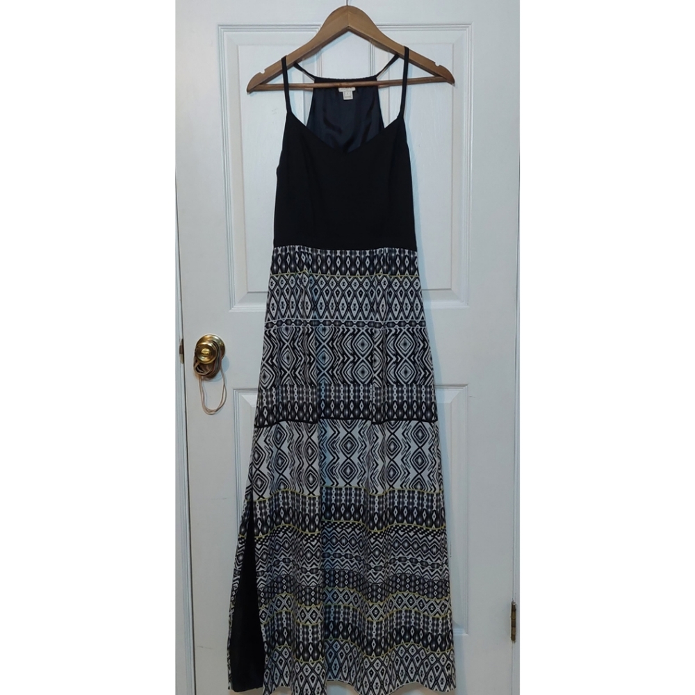 J Crew Black Geometric Tribal Sleeveless Racerback Maxi Dress Coastal Size 4